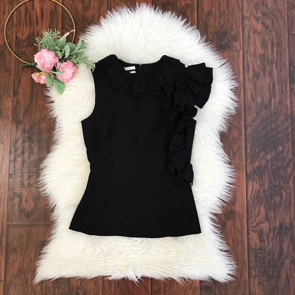 CO Collections Black Ruffle Peplum Sleeveless Top
